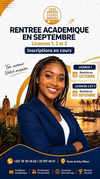 Affiche de la rentrée académique ISM Mbour : Licences 1, 2 et 3, inscriptions en cours
